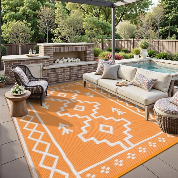 Moynesa Outdoor Rug Waterproof, 5'x8' Lightweight Plastic Straw Rug for Camping RV, Reversible Boho Carpet Outside Rug for Patio Picnic Deck Porch Balcony Tent, Orange