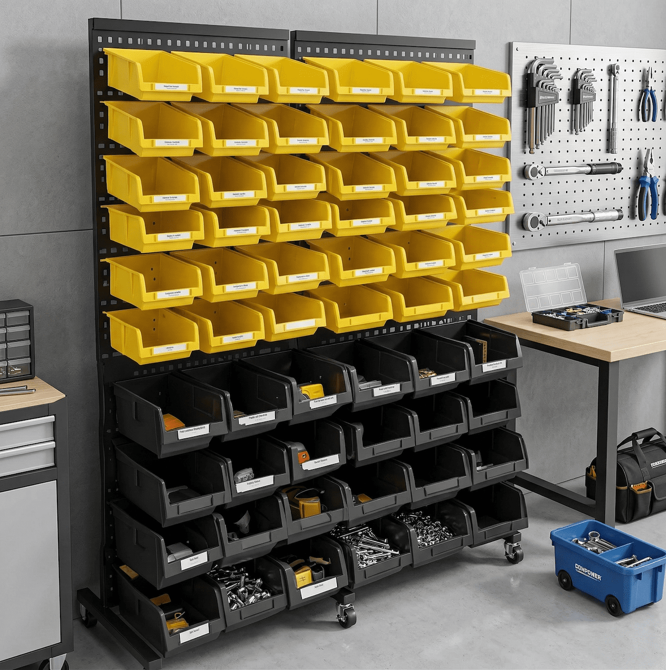 Wall Mounted Storage Bins 60PCS, Garage Storage Bin Organizer with 36 Yellow & 24 Black Plastic Bins, Large Wall Mount Parts Organizer for Screws, Nuts & Bolts, Tool Storage System with Label Slots