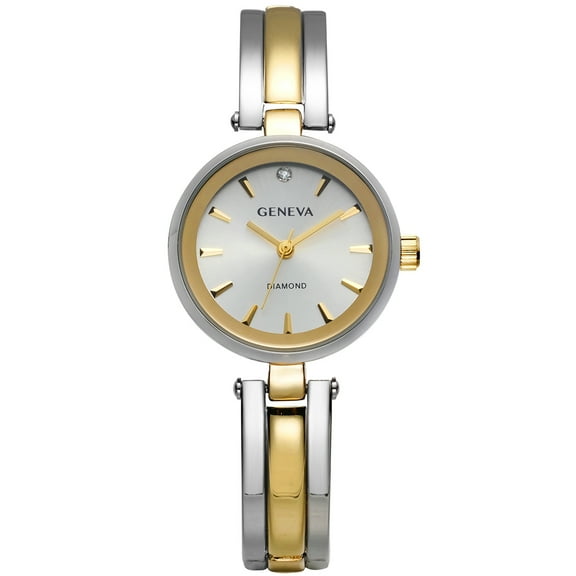 Geneva Ladies Two Tone Tone 31mm Genuine Diamond Metalized Glass Bezel Adjustable Bangel Watch