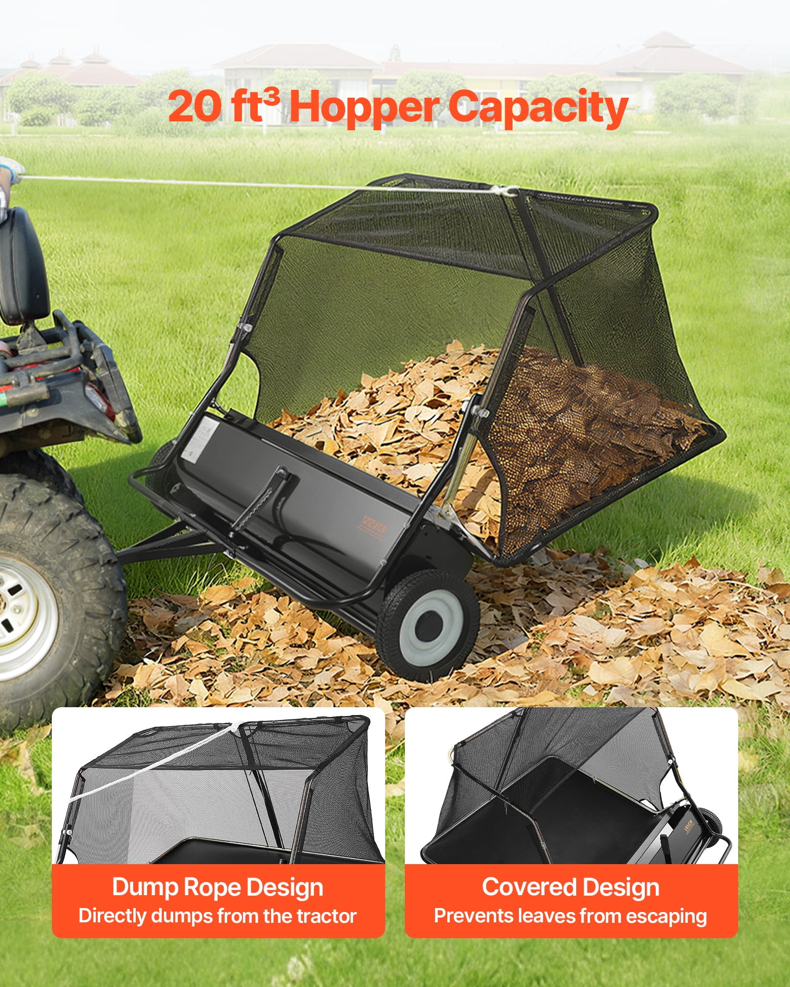VEVOR Tow Behind Lawn Sweeper, 48 in Pull Behind Yard Sweeper, 26 Cu. ft Hopper Bag Capacity, Leaf & Grass Collector with Dumping Rope, Adjustable Sweeping Height, Garden Sweepers for Lawn Farm