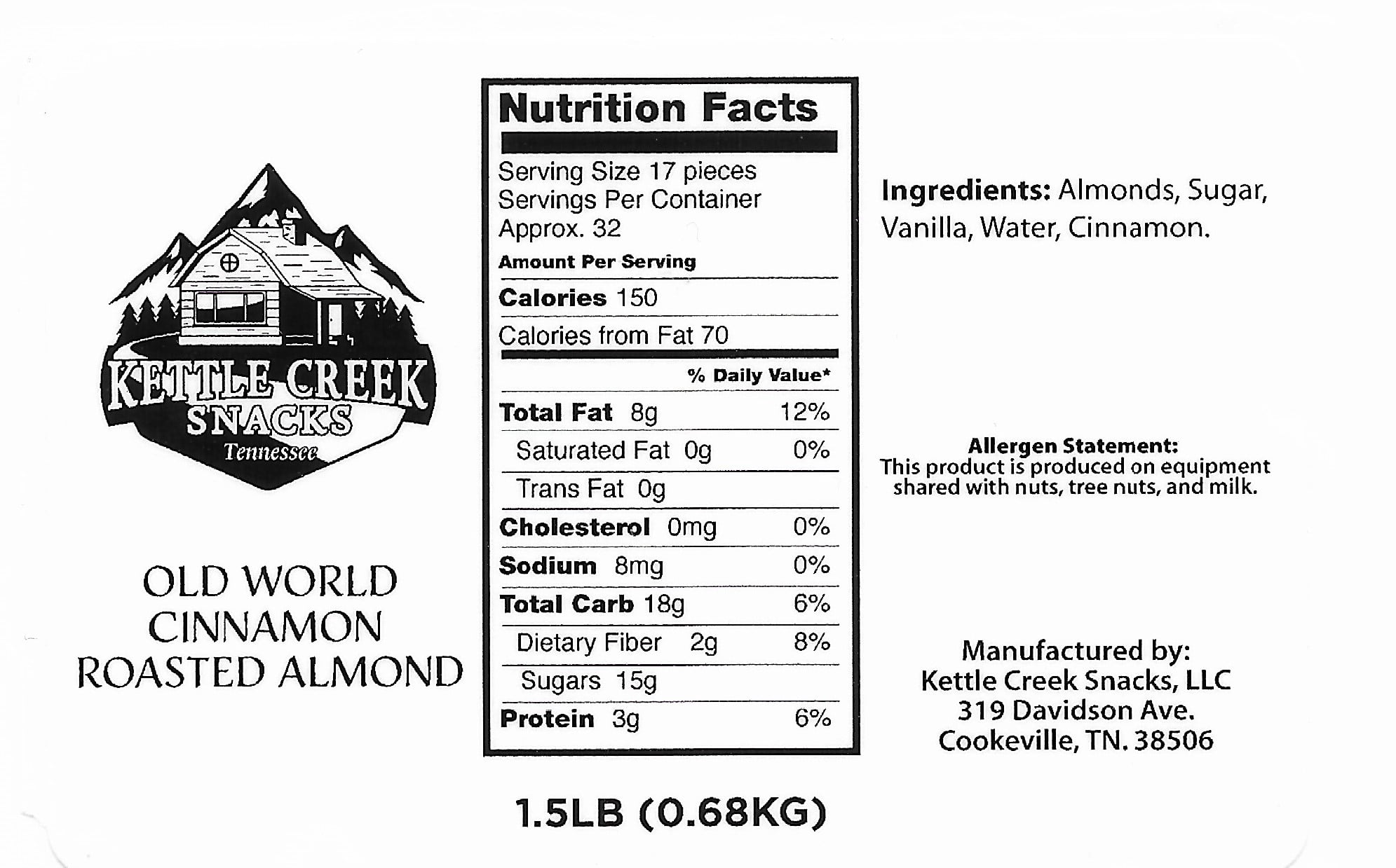 Kettle Creek Snacks Nut Combo - 1 1/2 LBs Cinnamon Almonds & 1 1/2 Lbs. Cinnamon Pecans Individually Sealed