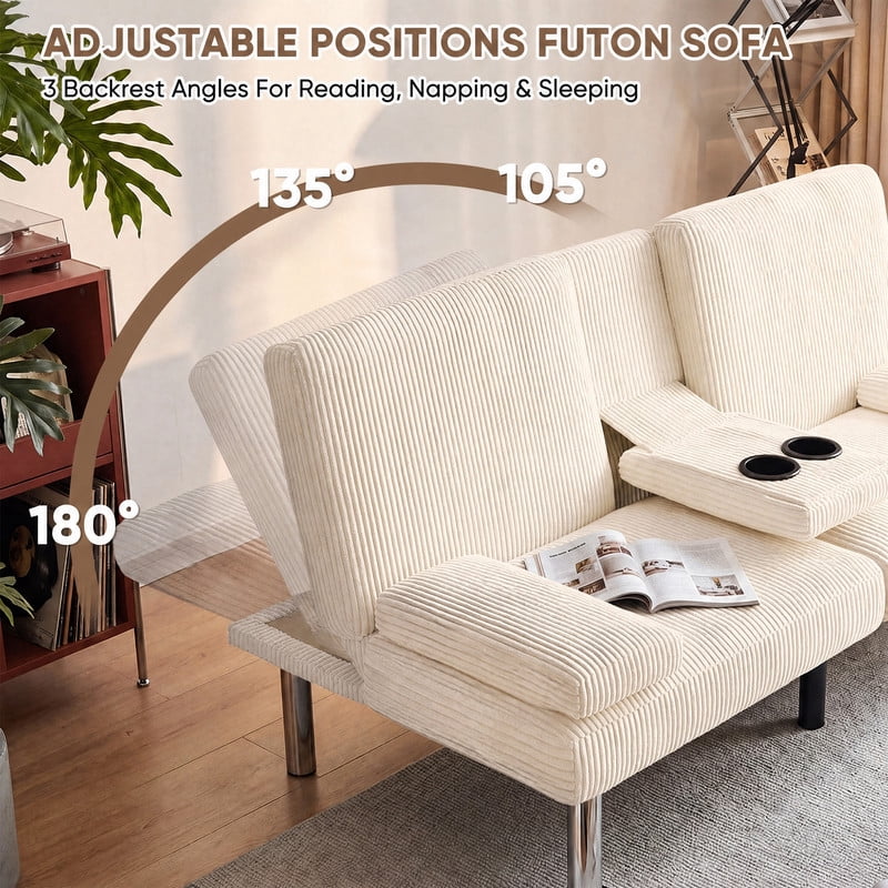 Lacoo Futon Sofa Bed, Corduroy Convertible Couch Sleeper Sofa, Cup Holders, Small Spaces,Beige