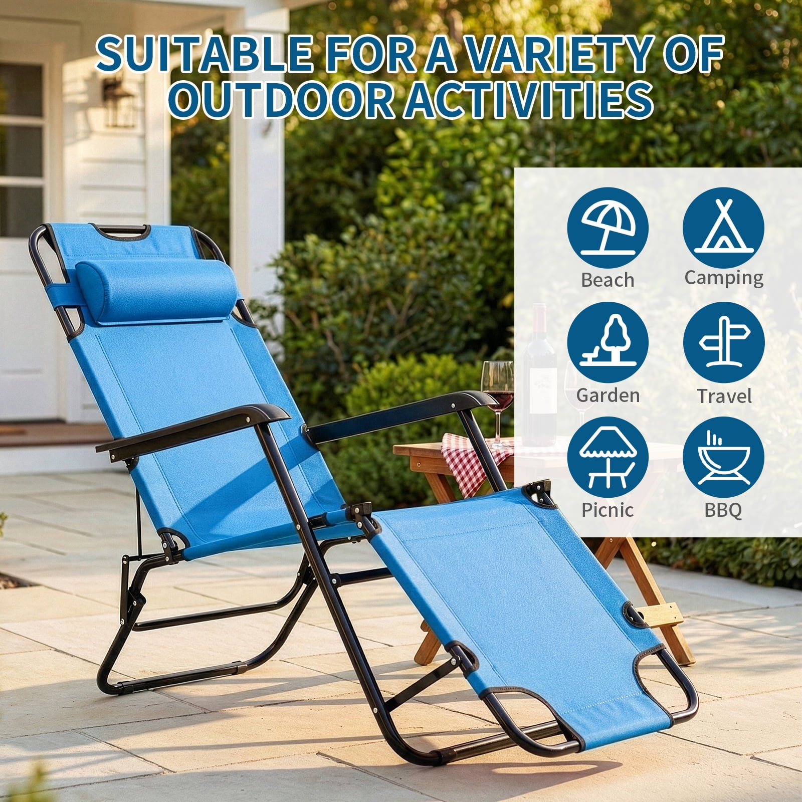 UBesGoo 2-Position Adjustable Backrest Chaise Chair, Lightweight Tanning Chair with Pillow, Sun Recliner for Indoor Outdoor - Blue