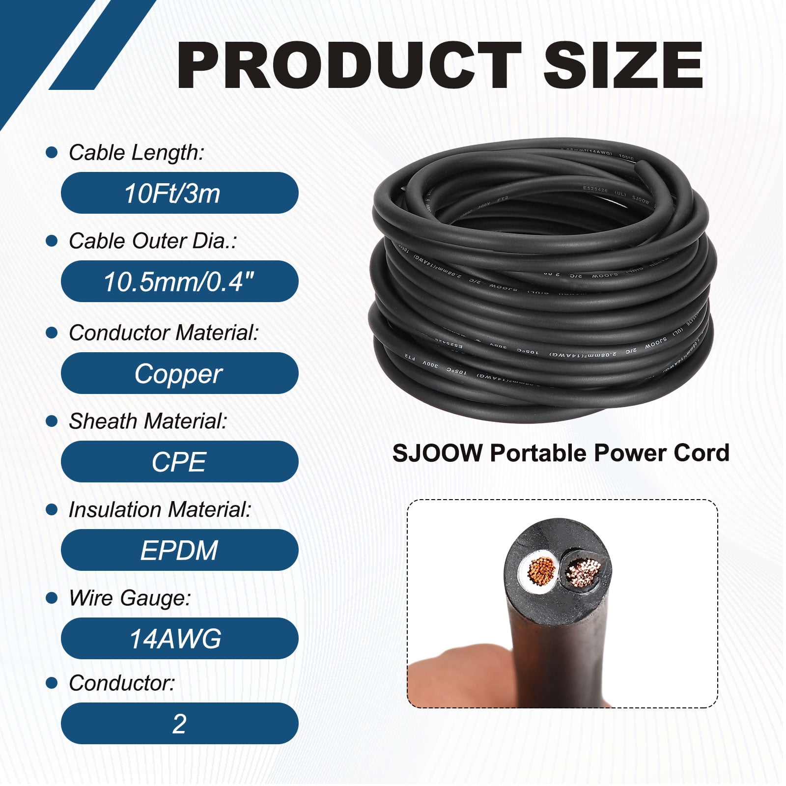 Uxcell SJOOW 14 Gauge 2 Conductor Electrical Wire, 10ft 14 AWG Automotive Wire, Portable Power Cable 300V for Generators, LED Lights, Battery Chargers, Flexible Extension Cord
