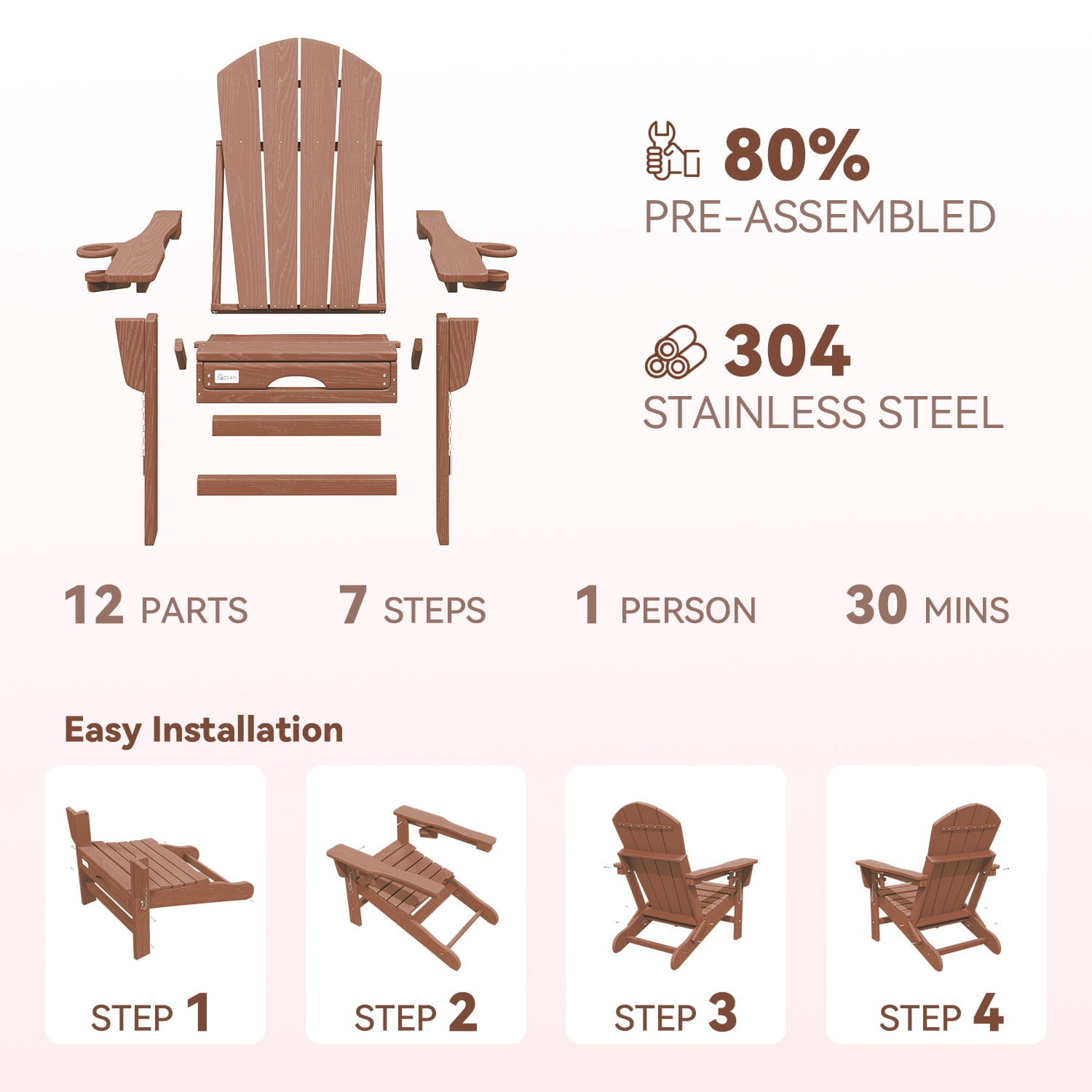Erinnyees 3-Level Adjustable Adirondack Chair with Retractable Ottoman, HDPE All-Weather Folding Fire Pit Chair with 2 Cup Holders, Outdoor Chair for Garden