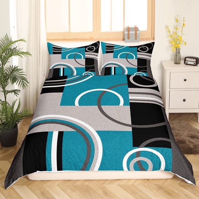 Turquesa Decoración Funda Nórdica Gris Negro Azul Raya Geométrica Juego de Cama Queen