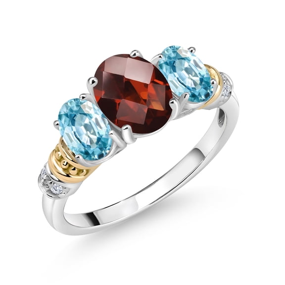 Gem Stone King 925 Sterling Silver and 10K Yellow Gold Oval Red Garnet Blue Zircon and White Diamond 3 Stone Ring for Women (2.86 Cttw, Gemstone January Birthstone, Size 9)