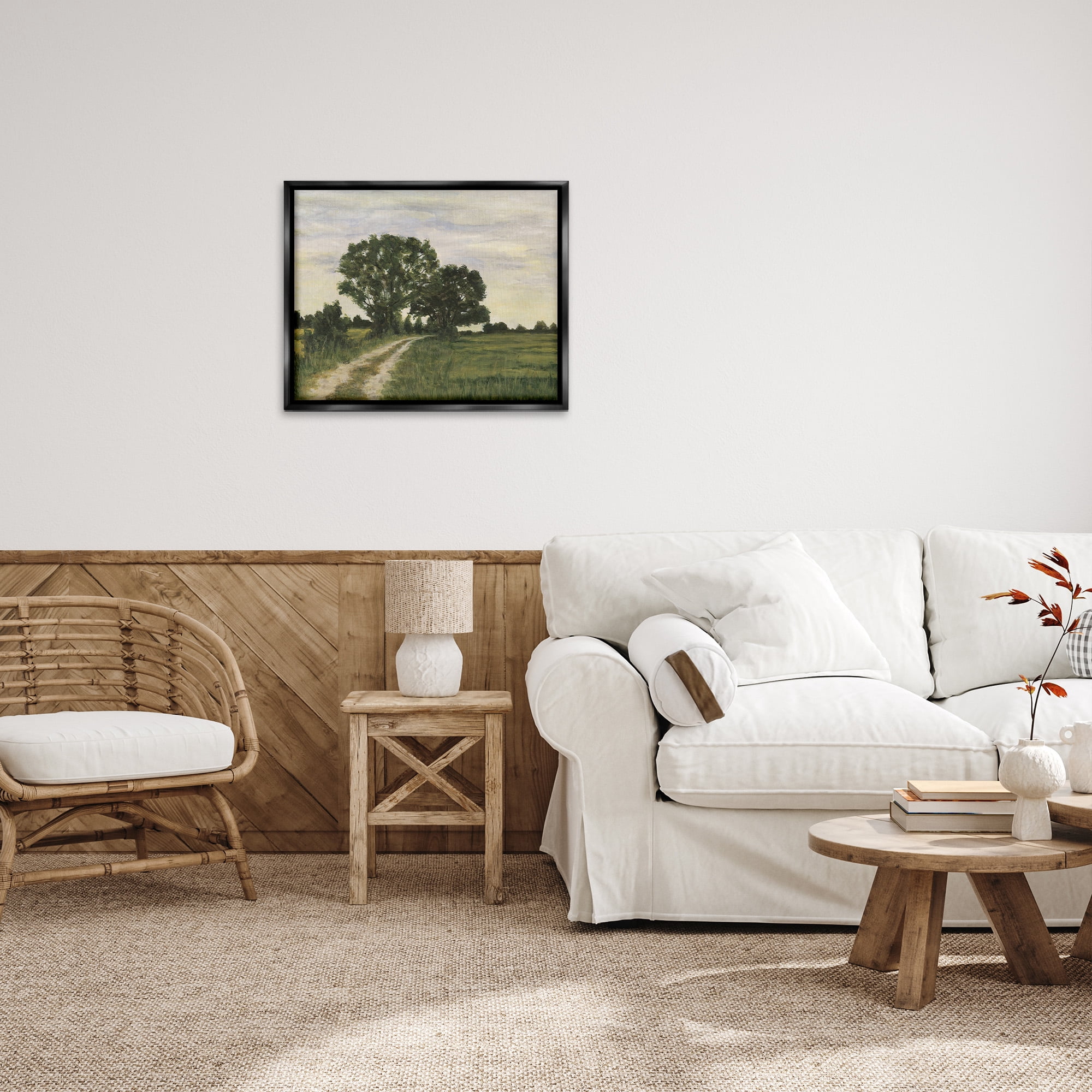 Stupell Industries Trees on Country Road Landscape Painting Black Floater Framed Canvas Art Print Wall Art, 31 x 25
