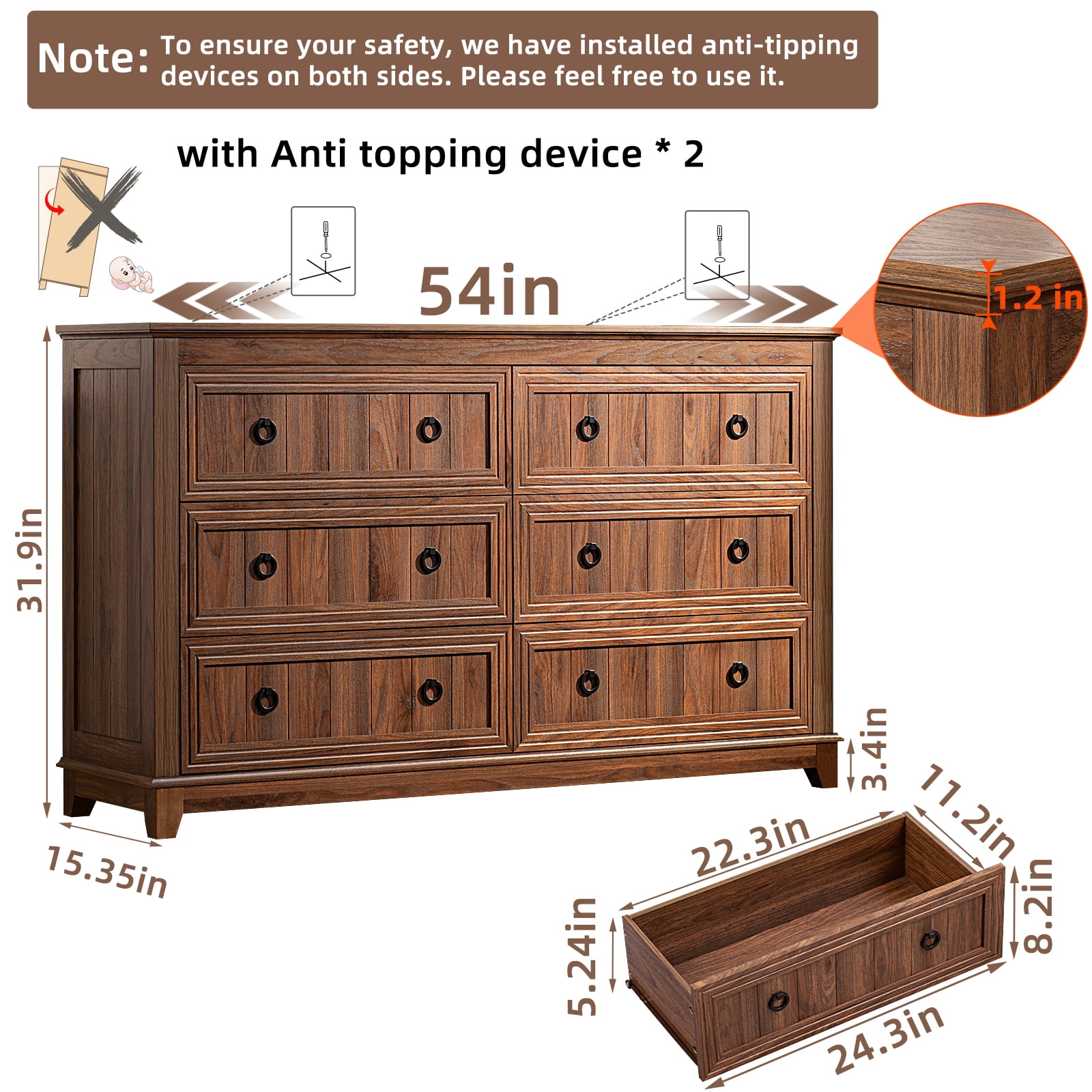 Joaxswe 6 Drawers Dresser for Bedroom, 54'' Dresser Chest of Drawers, Vintage Storage Dressers Organizer for Bedroom, Living Room, Hallway-Brown