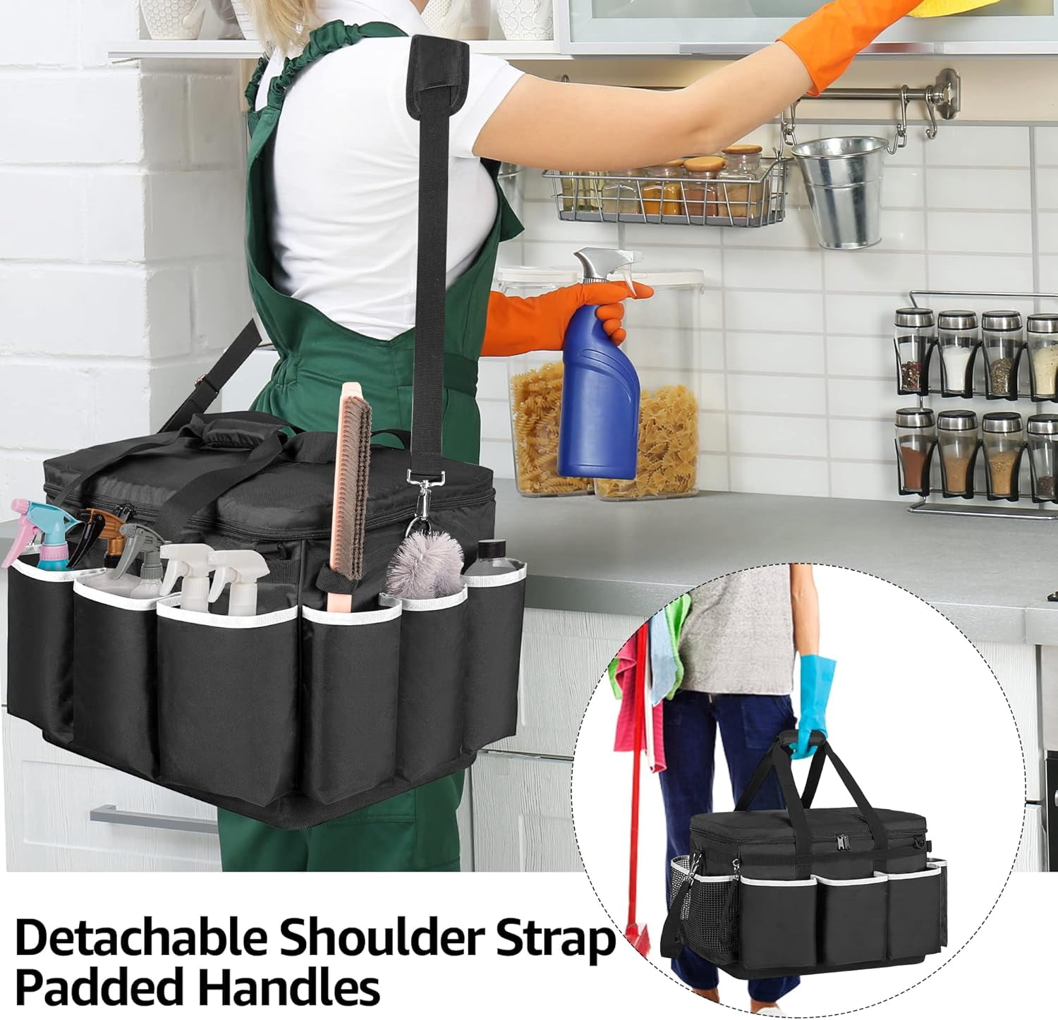 TT-Extra-Large Cleaning Caddy with EVA Hard Bottom, High Capacity Cleaning Supplies Organizer for Housekeeping & Home Work, Cleaner Tools Tote Bag with Shoulder Strap, Patent Design