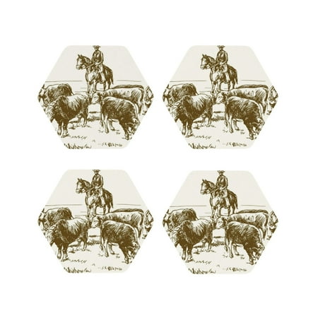 

KLL Drink Coasters Set Hexagon of 4 PU Leather Absorbent Coasters Set Decorative Coffee Cup Coasters Housewarming Gift for Home Decor-Cattle Drive By Two Cowboys
