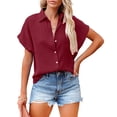 thumbnail image 2 of Uooqdmx Chemise Boutonnée pour Femmes, Hauts en Lin pour Femmes, T-Shirts Basiques pour Femmes, Chemise Décontractée à Manches Courtes Unie, Hauts de Sortie pour Femmes, Rouge S, 2 of 4