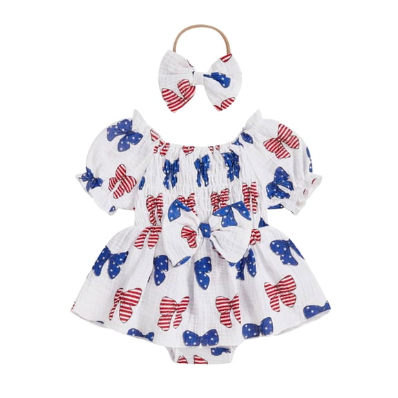 Xudanell Newborn Baby Girl Ruffle 4th of July Outfit Infant Bow Bubble Romper and Headbands Embroidery Summer Clothes White 0-3 Months