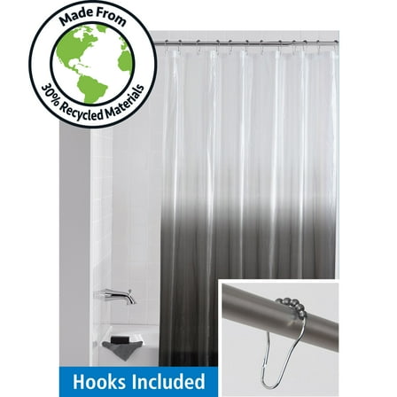 Mainstays Eco-friendly Waterproof Recycled PEVA Dip Dye Black Ombre Shower Curtain Set with Hooks - 12 Hooks