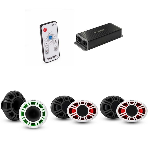 Kicker Marine KPX300.4 Powersports Amp & 6.5",  6x9" HLCD Marine LED Speakers (Includes LED Remote )