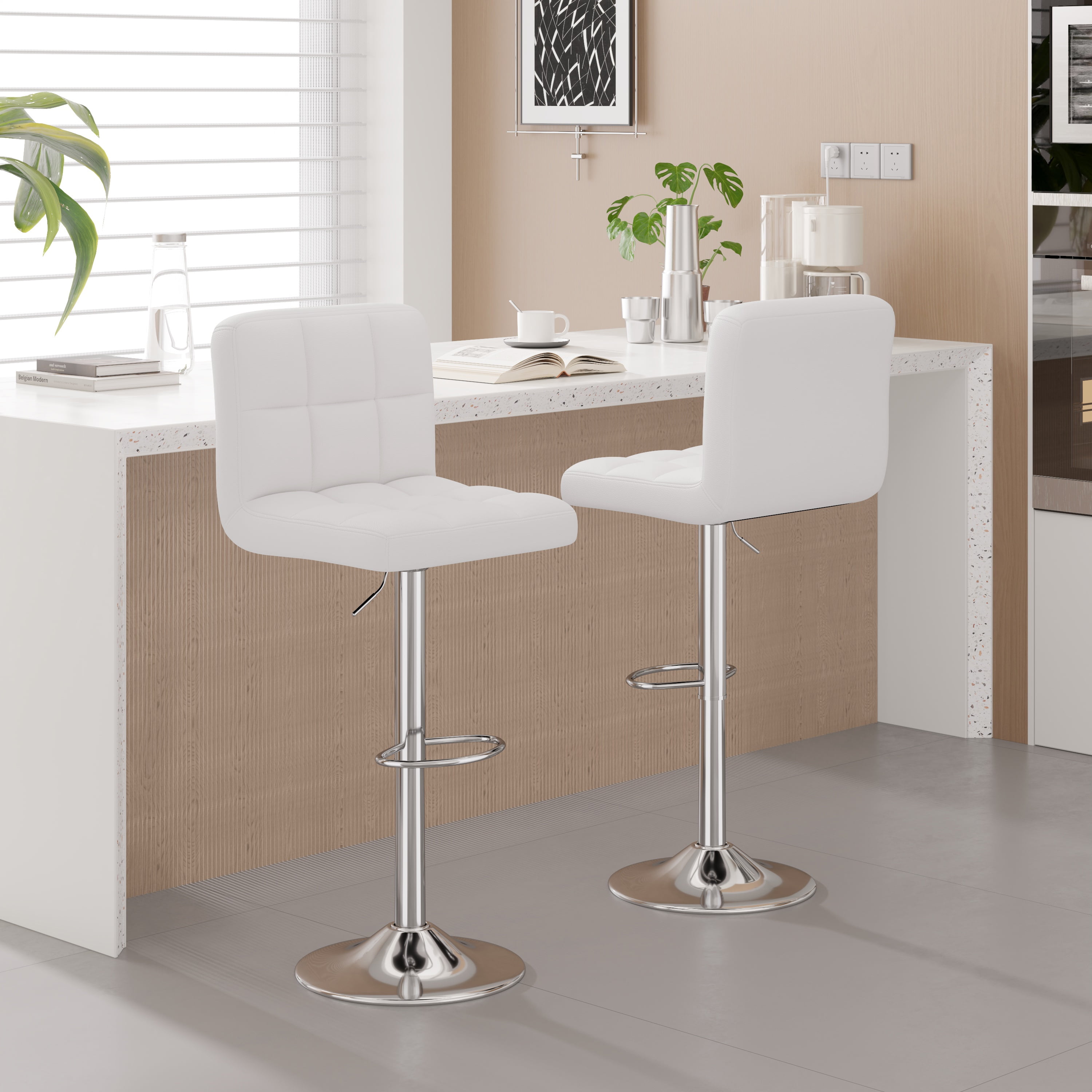 Hawsaiy Modern Adjustable Swivel Bar Stools Set of 2, PU Leather Bar Chairs with Footrest, White