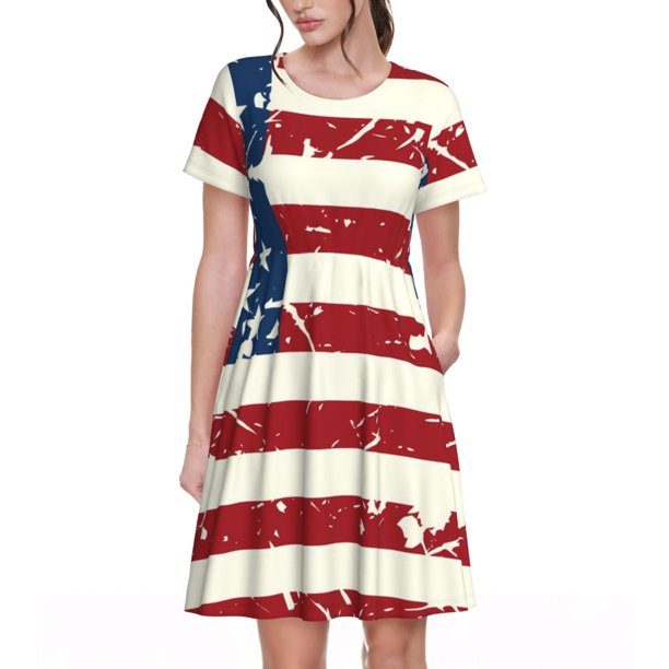 Balery Vintage American Flag Vestidos sueltos de manga corta para mujer, vestidos de verano 2025, vestidos casuales de corte A con vuelo.