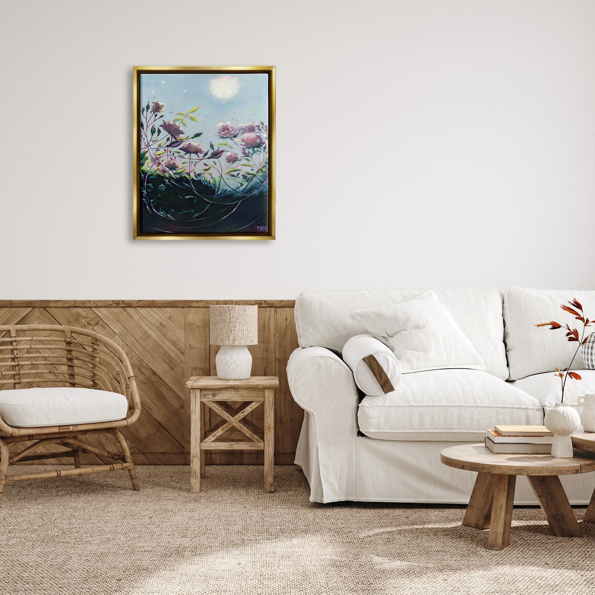 Stupell Industries Surreal Intertwining Flower Stems Modern Sky Landscape Painting Metallic Gold Floating Framed Canvas Print Wall Art, Design by Lisa Timmerman