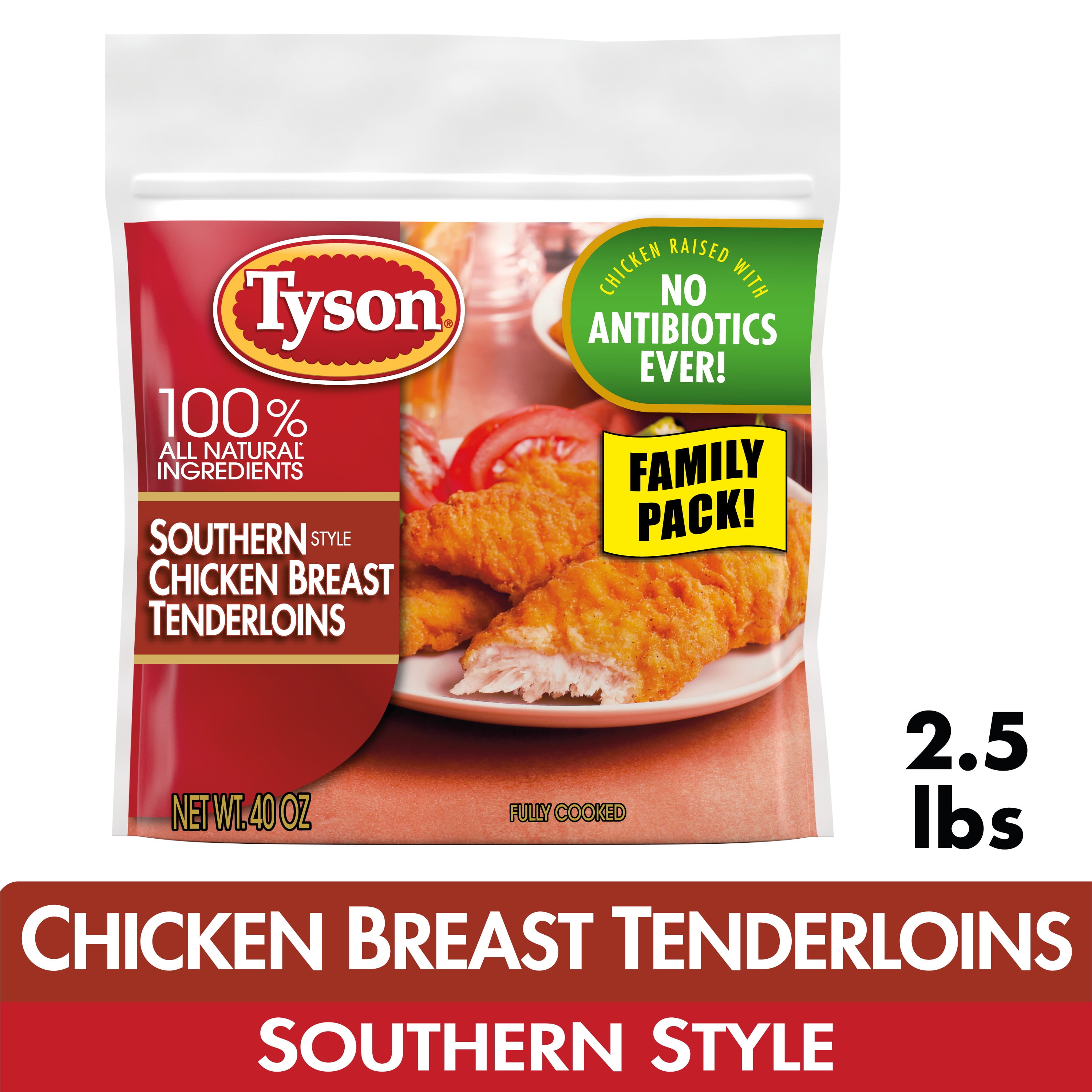 Tyson Fully Cooked Breaded Southern Style Chicken Breast Tenderloins, 2.5 lb (Frozen)