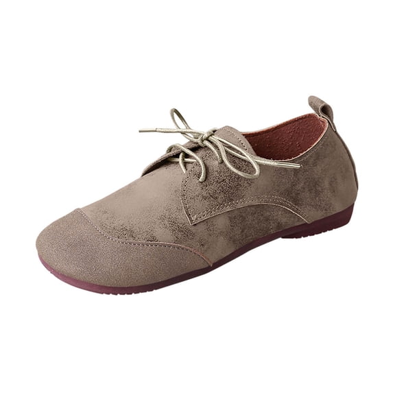 Wdhugt Women'S Beige Pu Lace Up Loafers Casual Flat Soft Sole Round Toe Front Tie Shoes Size Eu 36 Us 5.5