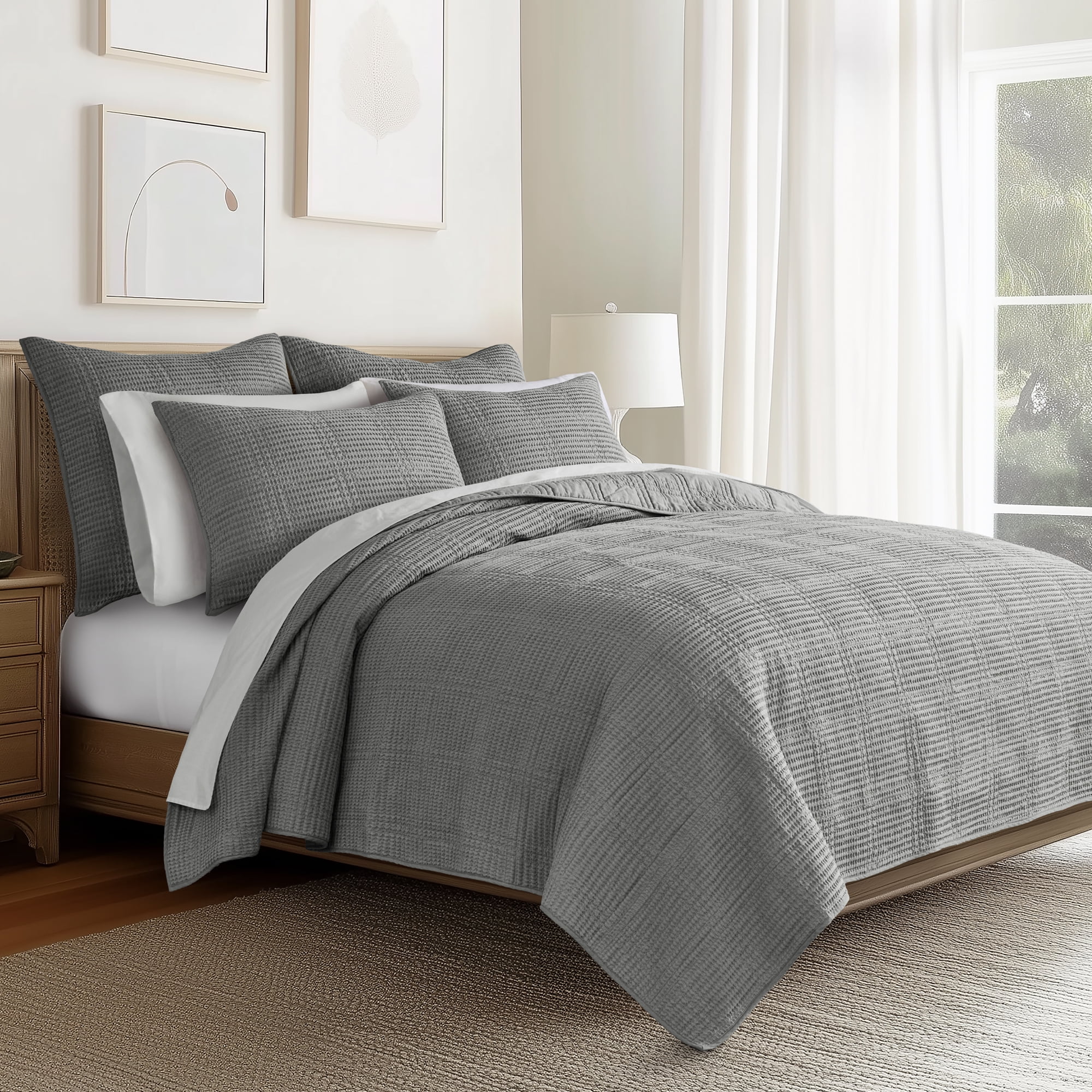Levtex Home - Cloud Waffle Quilt Set - Full/Queen Quilt and Two Standard Shams - Waffle Textured - Grey - Quilt (88x92in.) and Shams (20x26in.) - Reversible - Cotton