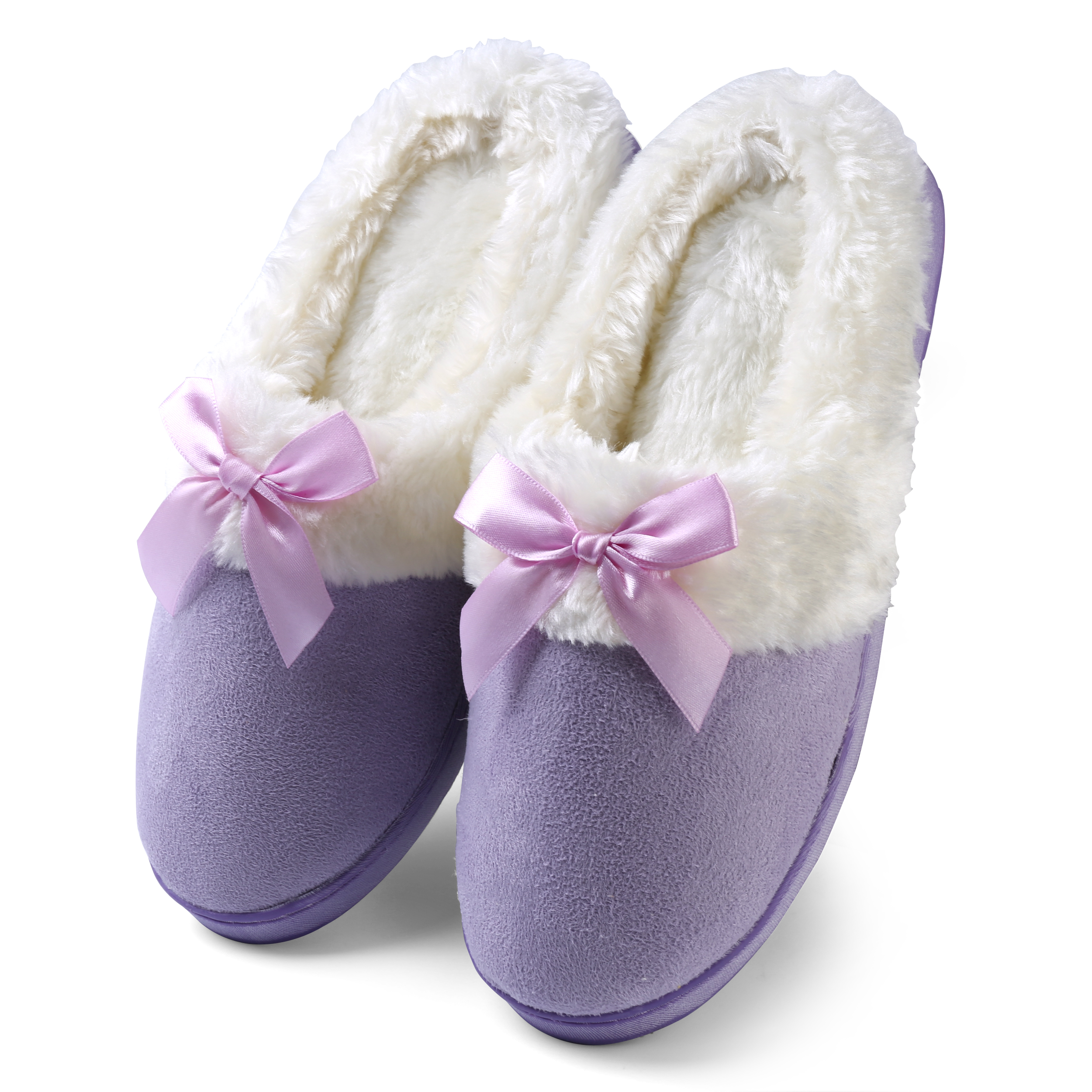 Women’s Soft & Cozy Memory Foam Plush Slippers with Ribbon Bow and Non-Slip Rubber Sole – Indoor Outdoor Spa House Shoes