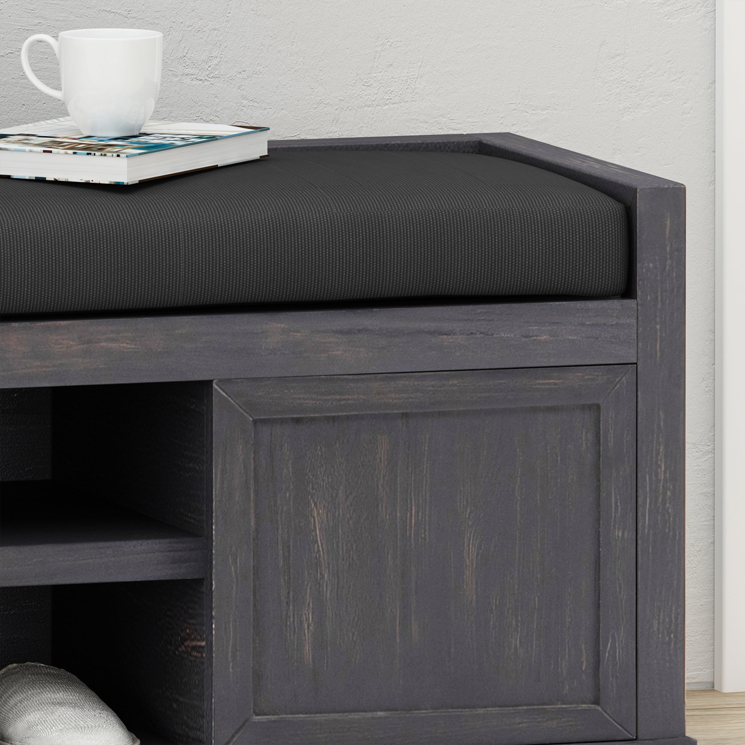 Noble House Tessa Modern Acacia Wood Storage Bench with Cushion, Sandblast Dark Gray, Black