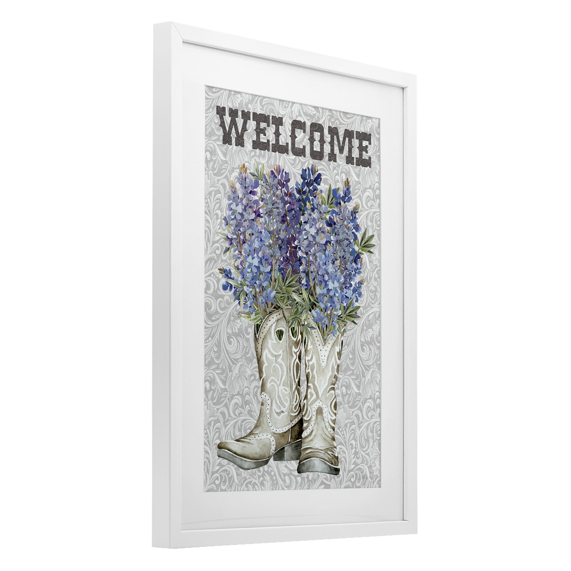 Stupell Industries Welcome Bluebonnet on Paisley White Framed Print Under Glass, design by Cindy Jacobs