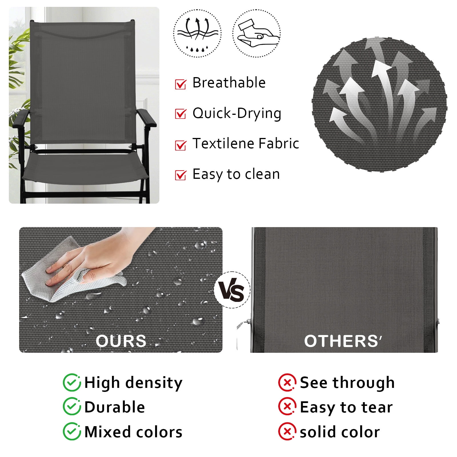 Set of 2 Outdoor Folding Chairs, Portable Patio Dining Chairs with Armrests & High Back, Sturdy Steel Frame for Garden, Lawn, Poolside, Camping (Gray)