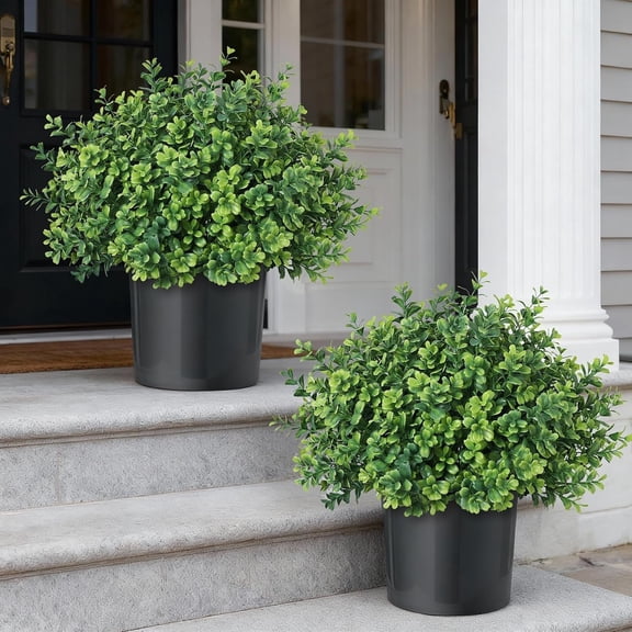 Artificial Boxwood Topiary Trees Set of 2, UV Resistant Faux Greenery Potted Plants for Front Door, Porch, Farmhouse, Home Garden Decor, Green