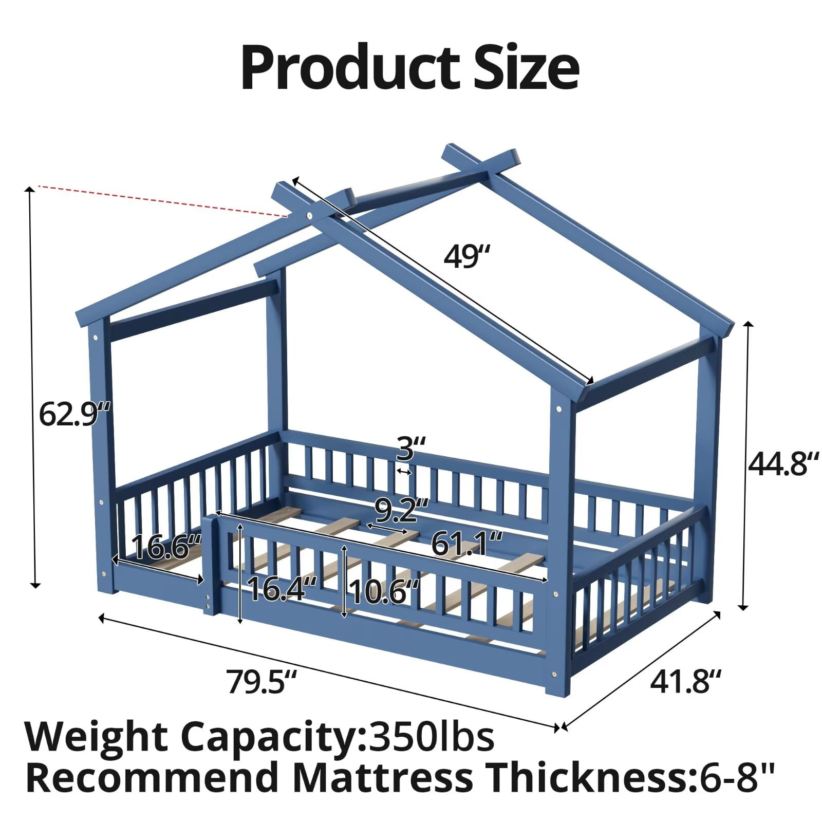 Twin Size House Bed with Fence, Wood Floor Bed with Roof, Montessori Bed Frame Playhouse Bed for Girls and Boys Bedroom, Easy Assembly, Mist Blue