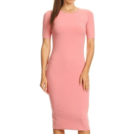 Women s Short Sleeve Crew Neck Midi Body Con Dress (Coral Pink  Medium)