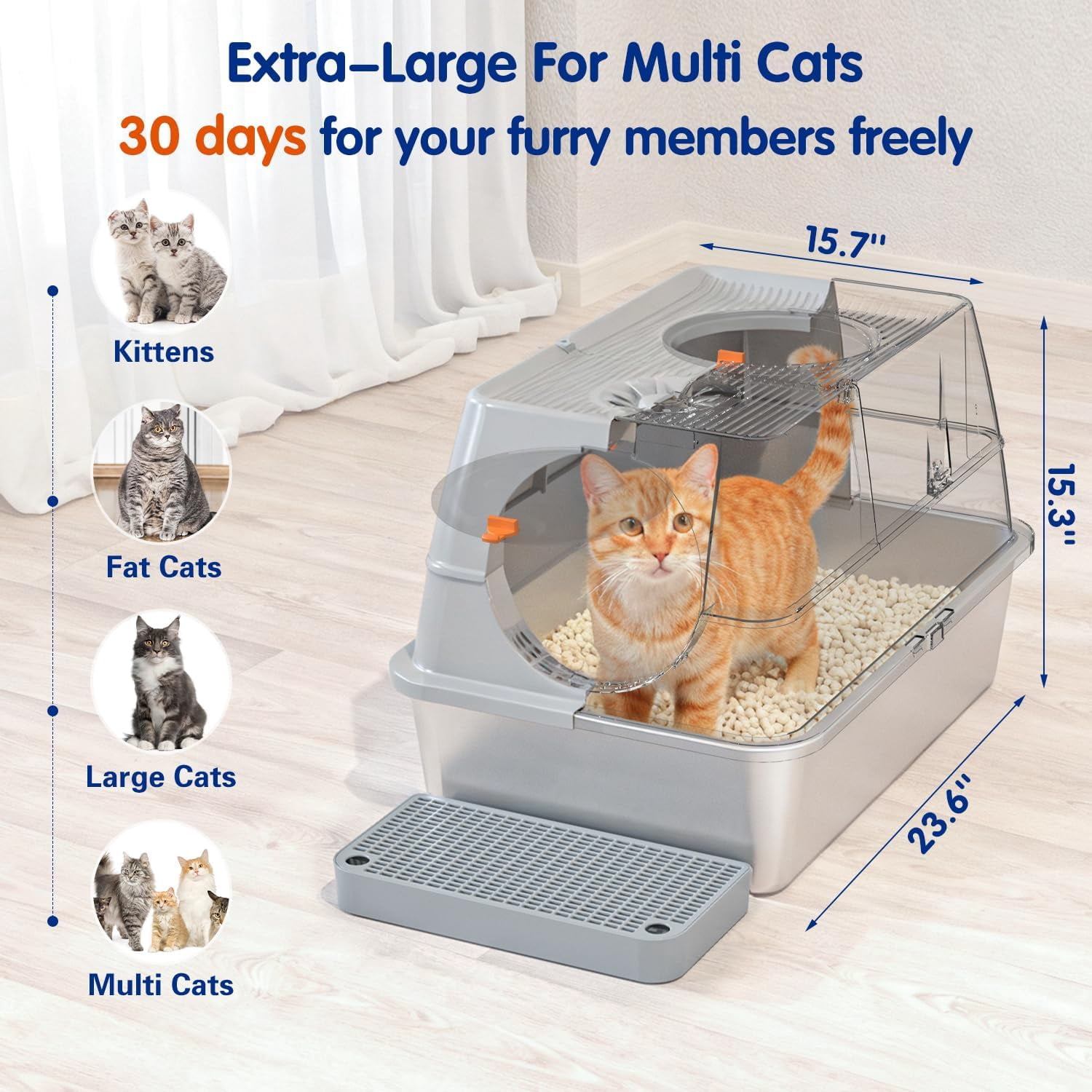Stainless Steel Litter Box with Lid,Front Entry Top Exit Kitty LitterBox,Extra Large Enclosed Metal Cat Box with Litter Scoop & Litter Mat-Light Gray