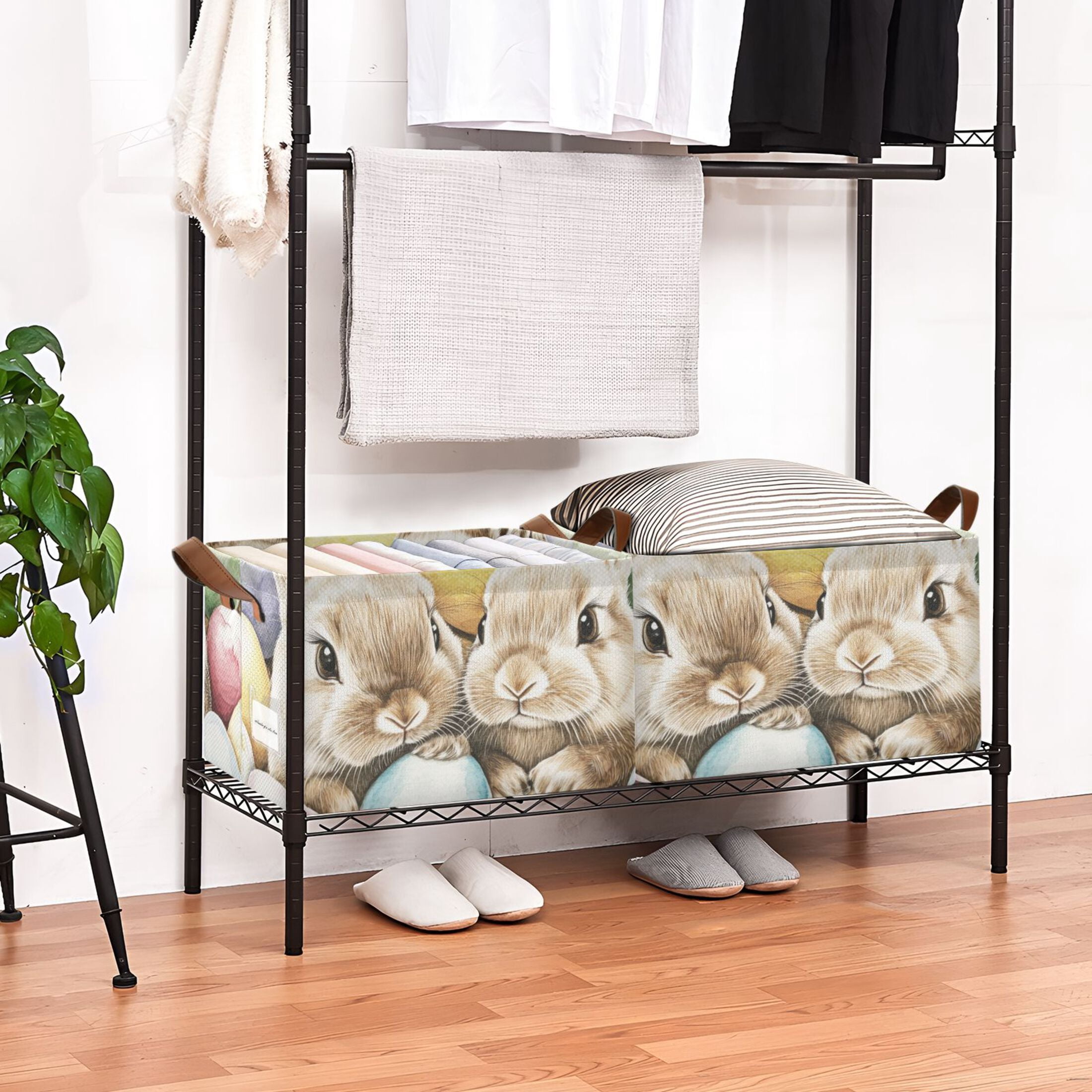 Easter Eggs Bunnies Foldable Storage Large Fabric Storage Baskets Organizer Storage Bins with Handles for Shelves