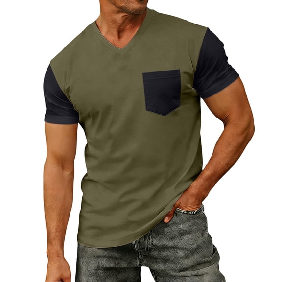 LIIPEE Mens T-Shirts Father'S Day Gifts Summer Casual Color Block V-Neck Set-In Short Sleeve Pullover Male Regular Fashion Comfortable Breathable Soft Daily Versatile Tee Tops With A Pocket,L