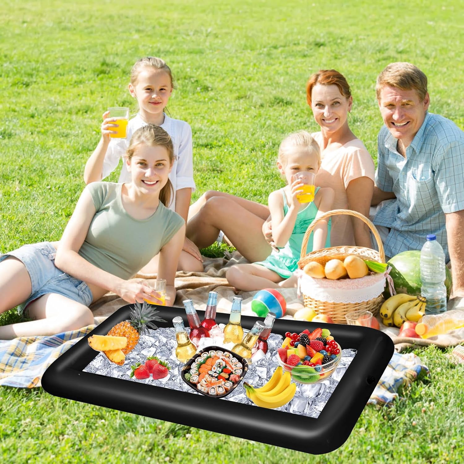 FENLEI Inflatable Ice Serving Bar Pool Party Buffet Drink Cooler Floating Food Drink Container with Inflator (Black 2 Big and 2 Small)