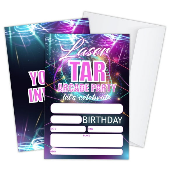 Neon Laser Tag Adventure Invitations for Kids - 20 Glow-in-the-Dark Party Invites with Envelopes - Perfect for Birthday Celebrations and Exciting Laser Tag Events!
