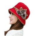 thumbnail image 2 of dianhelloya Warm hat Patchwork Color Round Dome Short Brim Bucket Hat Old People Winter Elegant Flower Decor Knitted Hat Red, 2 of 8