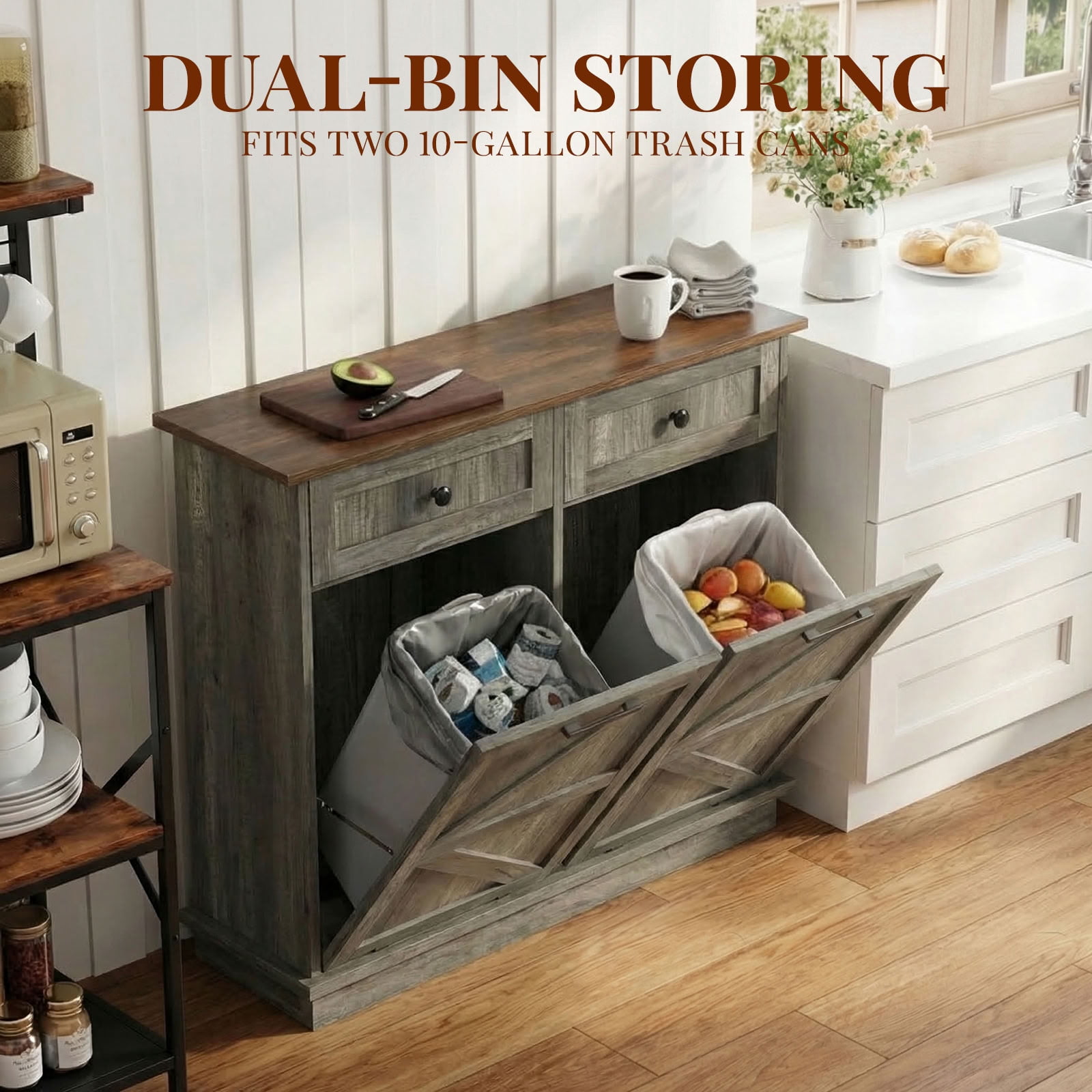 MAYEERTY 39.4" Farmhouse Storage Cabinet, Double Tilt Out Trash Can Cabinet with Drawer, Hidden Cabinet for Kitchen, Laundry, Living Room, Office