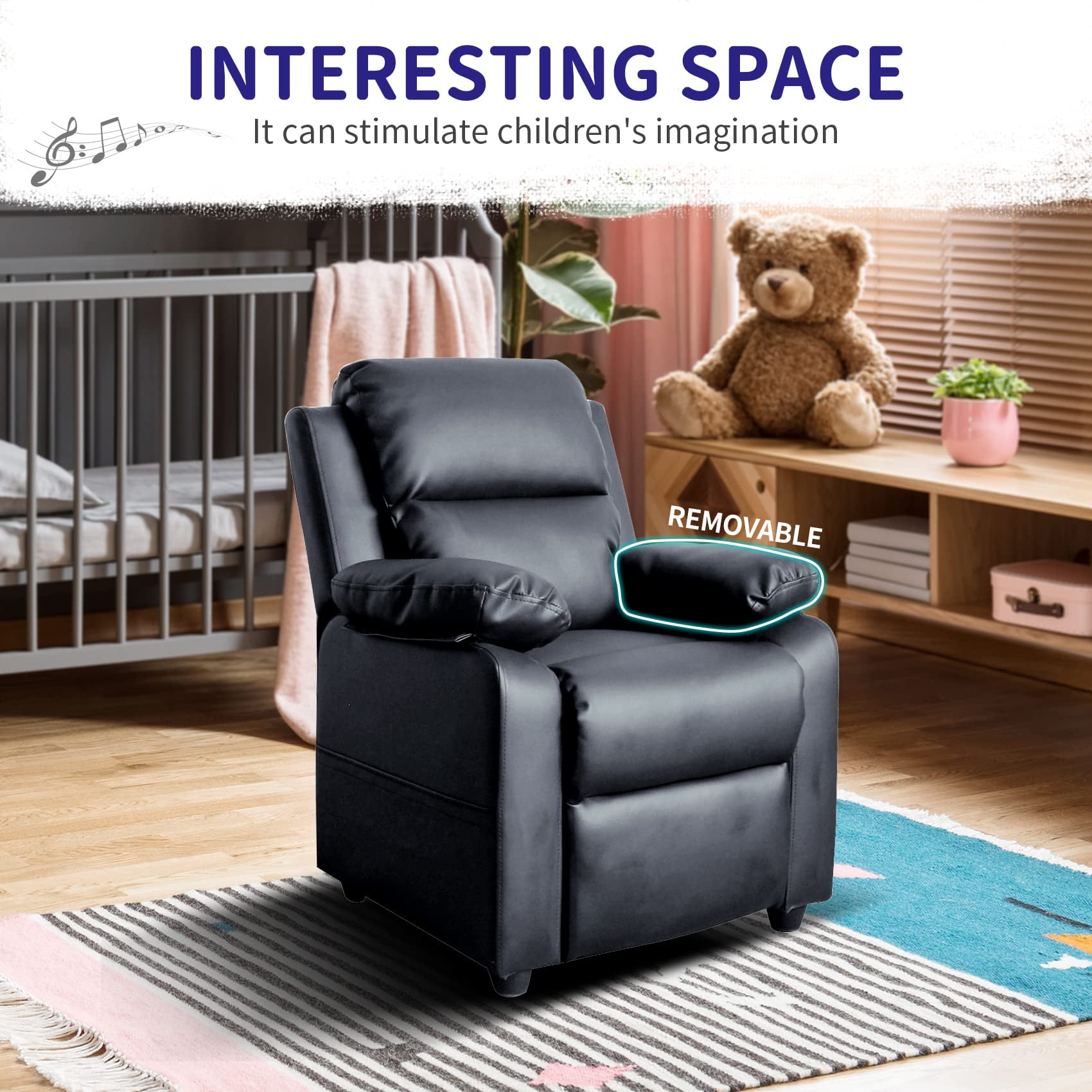 UNICOO® Kids Recliner Chair, Toddlers Recliner with Headrest Footrest and Lumbar Support, Ergonomic PU Leather Armchair Lounge Chair (Black)