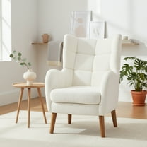 Ivory White Teddy Fabric Accent Chair with Birch Wood Legs – Mid-Century Modern High-Back Armchair with Thick 5.5” Cushion, Comfy Upholstered Lounge Chair for Living Room, Bedroom, Office, Balcony
