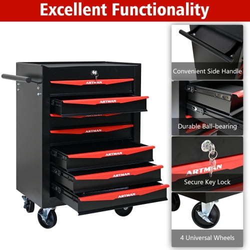 POVANLI 7 Drawer Portable Tool Box With Wheels,20" Tool Chest With Key Locking Tool Boxes/Organizers Black&Red