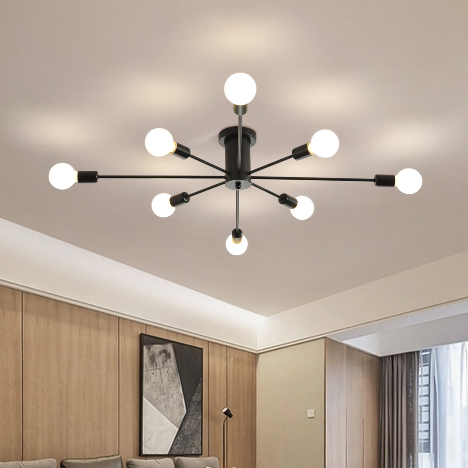 Garwarm Modern Sputnik Chandelier 8-Light Industrial Ceiling Lights Fixture 38" Black Semi Flush Mount Ceiling Light with E26 Base Sputnik Lights Fixture for Dining Room Bedroom