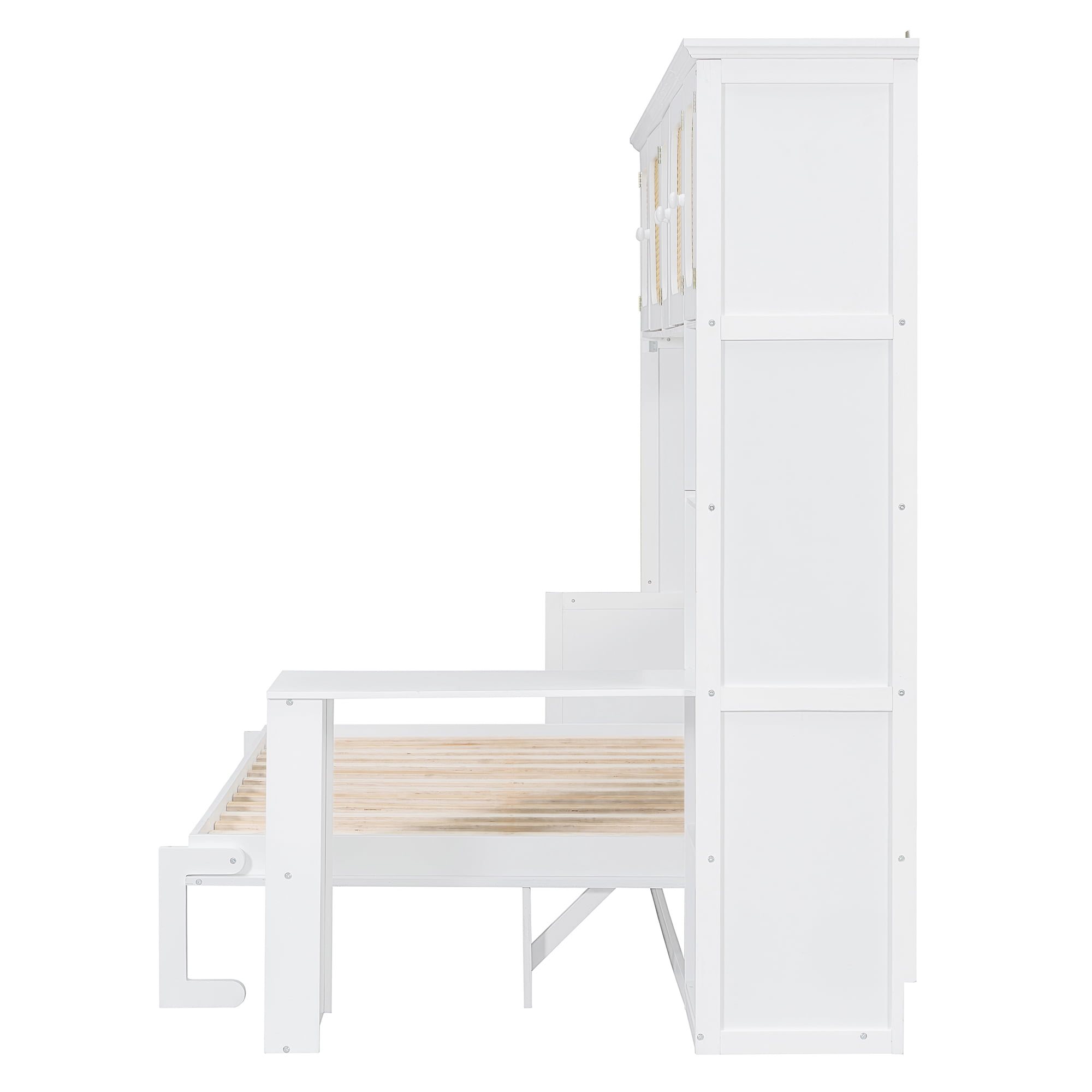 Full Size Murphy Bed with Writing Desk and Rattan Cabinets and Open Shelves for Small Space, Guest Room