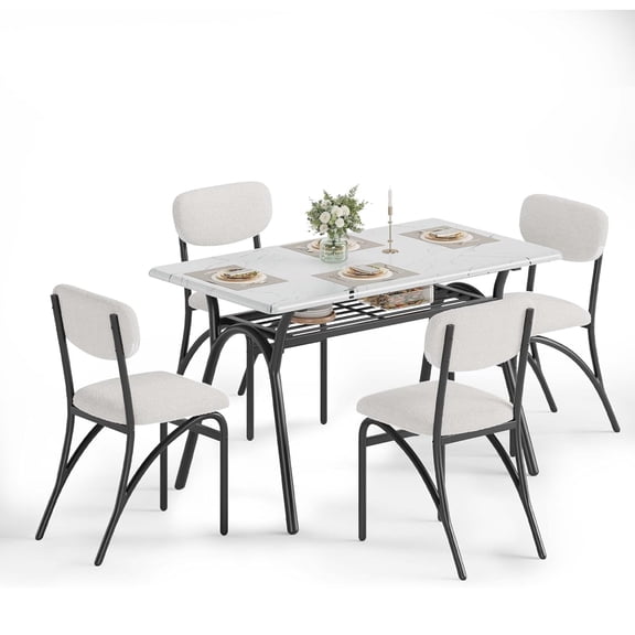 M optimized Dining Table Set for 4, 5pcs Kitchen Table with Boucle Chairs, Modern Rectangular Dining Table with Storage Rack for Small Space