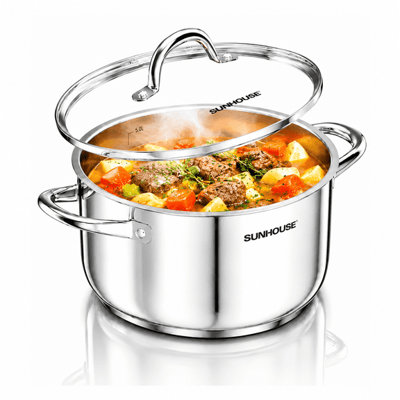 Sunhouse 7 QT Stock Pot with Lid, Stainless Steel Cooking Pot with Impact-Bonded Base, Induction Compatible, Oven Safe