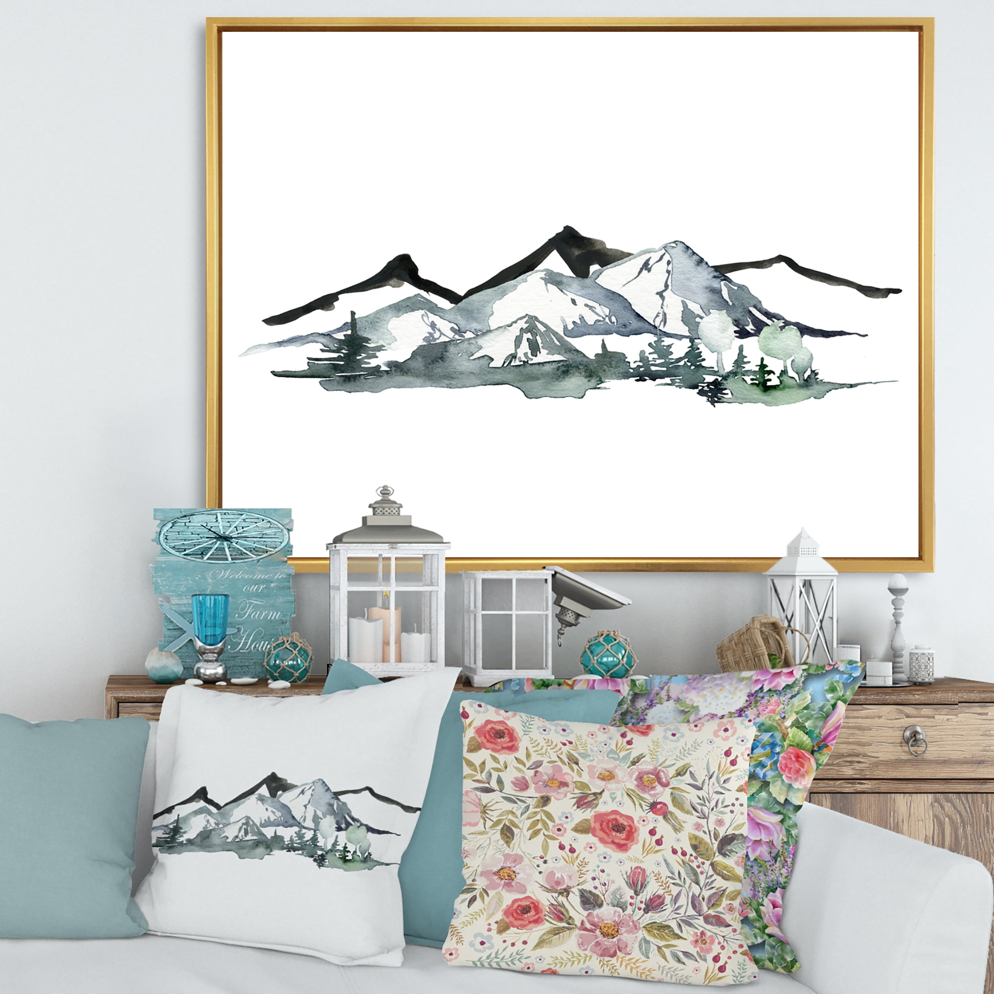 Designart 'Minimalistic Fir Forest and Winter Mountains I' Modern Framed Canvas Wall Art Print