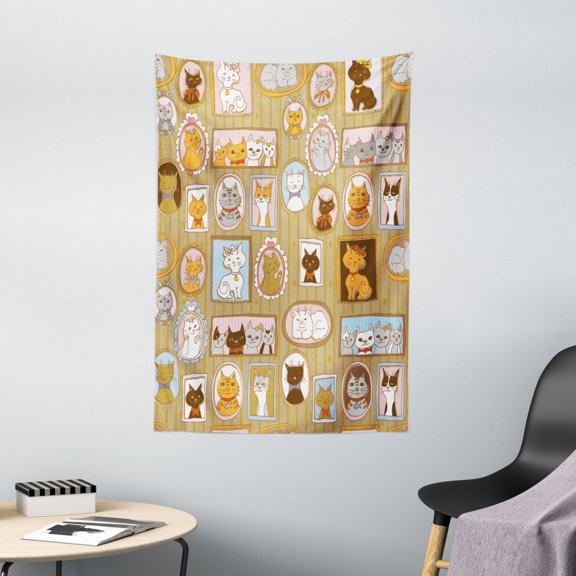 Cat Tapestry, Family Tree of A Kitty with Portraits Domestic Feline Characters Gallery Humor Design, Wall Hanging for Bedroom Living Room Dorm Decor, 40W X 60L Inches, Multicolor, by Ambesonne