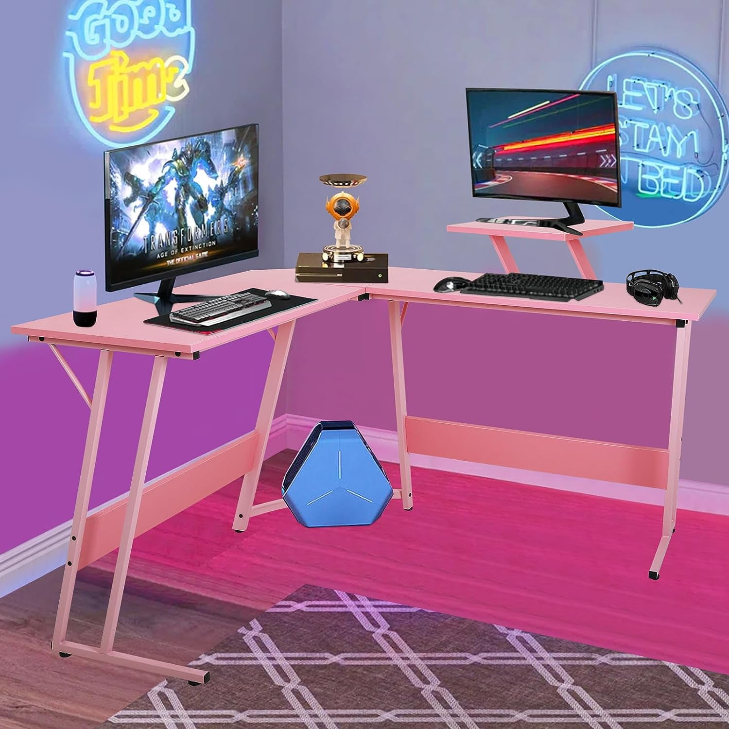 Dkelincs L Shaped Gaming Desk 50.4 inch Corner Computer Desk Table with Removable Shelf for home Office, Pink