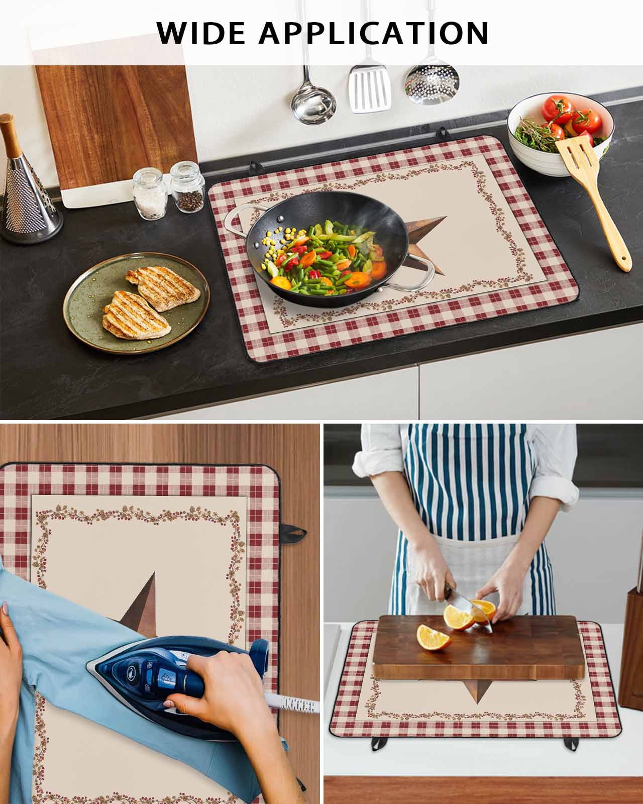 Large Induction Cooktop Protector Mat Western Texas Star Retro Stove Top Covers for Electric Stove, Rustic Vintage Farm Red Beige Plaid Decorative Stove Burner Cover Mats, Glass Top Stove Cover